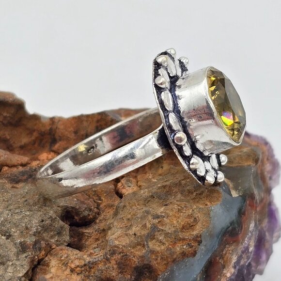 925 Sterling Silver Plt Round Citrine Ring Size 10 Bezel Setting Fine Jewelry - Picture 3 of 6